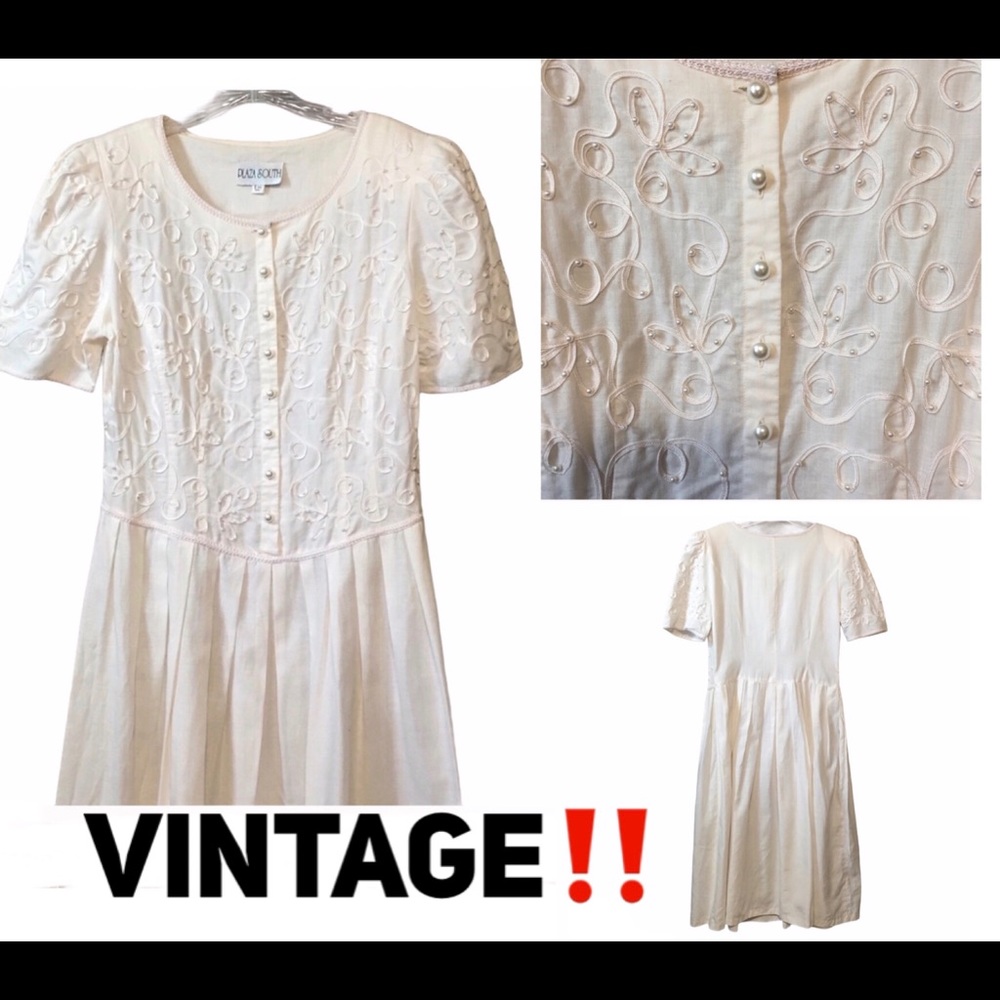 VTG FAIRYCORE DRESS 1992 PLAZA SOUTH CREAM EMB PEARL BUTTONS SCROLLING